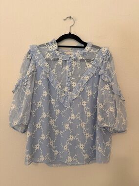 Rebecca Taylor Blue Blouse Silk Blend Sz 4 Floral Embroidery Dainty Romantic